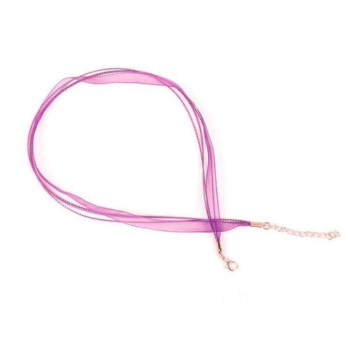 Ps110100852 pax 5 colliers organza et corde 3 rangées violet rose avec fermoir mousqueton 12mm et chainette d'extension de 5.5cm