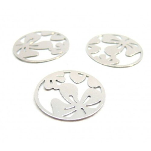 Ps11907967 pax 10 estampes pendentifs fleur dans cercle 19.5mm métal finition argenté