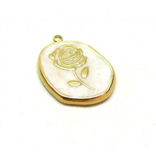 Ps11904555 pax 1 pendentif médaillon retro romantique avec rose résine émaillée blanche  20mm en acier inoxydable  doré 18kt
