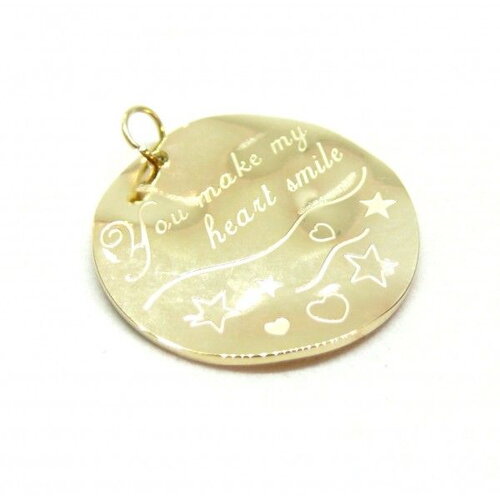 Ps110910223 pax 1 pendentif avec anneau et message " you make my heart smile " 22mm en acier inoxydable 316 finition doré 18kt