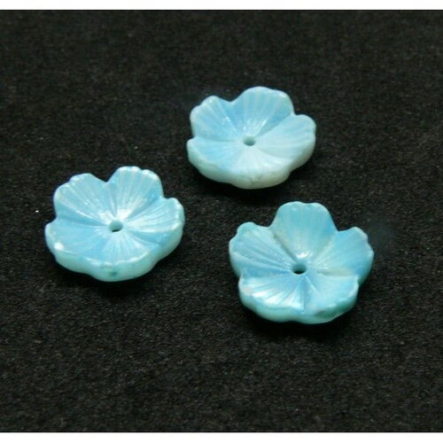 Bu11180521152547 pax 4 perles intercalaire 3d forme fleur nacre sculptée 10mm en nacre naturelle finition bleu pastel