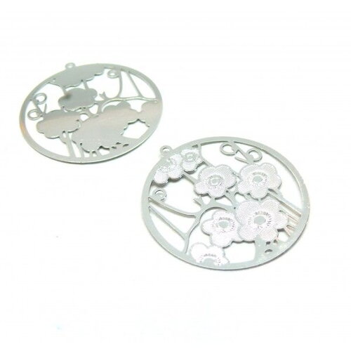Ae114724 pax 2 estampes champs de fleurs dans cercle 30mm finition argent platine