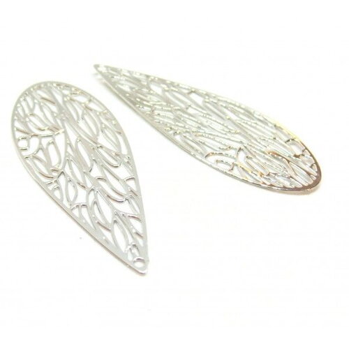 Copy of ae114468 pax 2 estampes forme goutte bouquet de fleur 28 par 40mm métal finition blanche