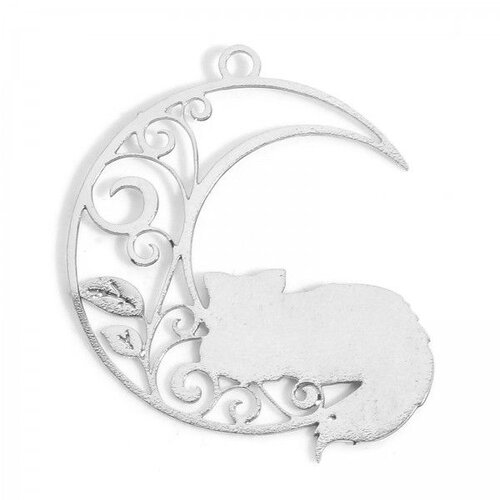 Ps11898624 pax 6 estampes pendentifs chat sur lune 26mm métal finition argenté