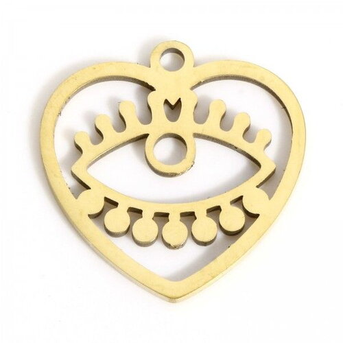 Ps11910345 pax 2 connecteurs amulette coeur, œil de la protection 15.5mm  en acier inoxydable 304 doré pour bijoux raffinés
