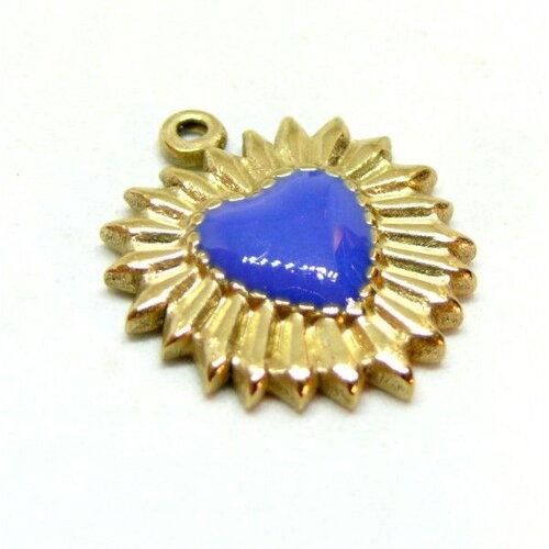 Ps11906927 pax 1 pendentif cœur résine émaillé bleu roi 23mm - en acier inoxydable 304 finition doré
