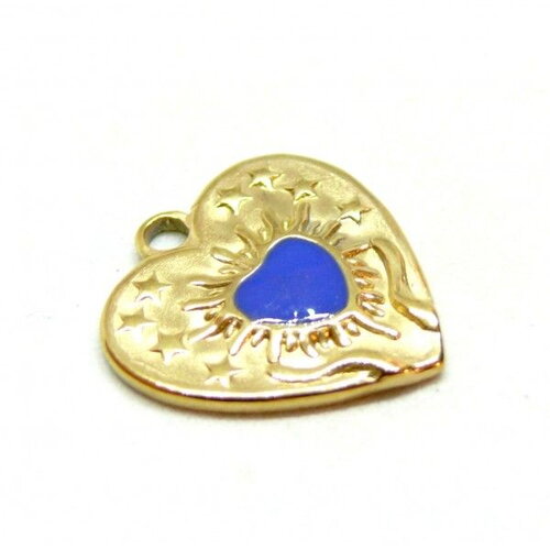 Ps11906940 pax 1 pendentif cœur résine émaillé bleu roi 17mm - en acier inoxydable 304 finition doré