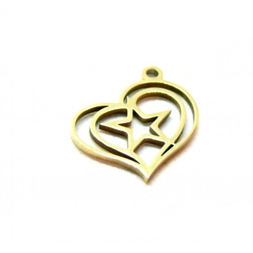 Ps11905247 pax 2 pendentifs coeur avec etoile 15mm en acier inoxydable 316 doré pour bijoux raffinés