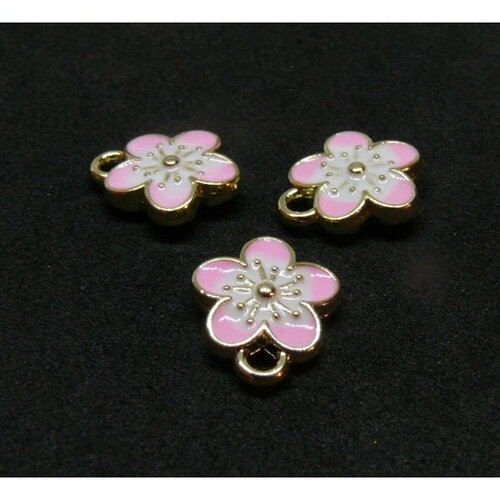 Ps11914620 pax 4 pendentifs résine émaillées fleurs de sakura 10mm rose sur métal doré