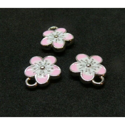 Ps11914614 pax 4 pendentifs résine émaillées fleurs de sakura biface 10mm rose sur métal argenté