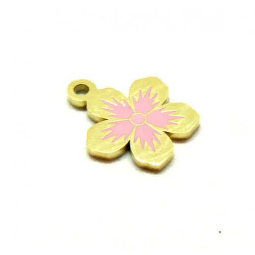 Ps11912833 pax 1 pendentif fleur de sakura emaillé rose 12mm acier inoxydable finition doré