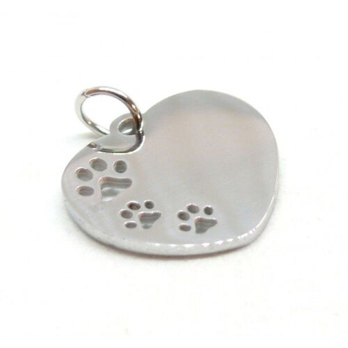Ps11844299 pax 1 pendentif - médaille cœur avec anneau pattes de chien 23 par 18mm - argenté en acier inoxydable
