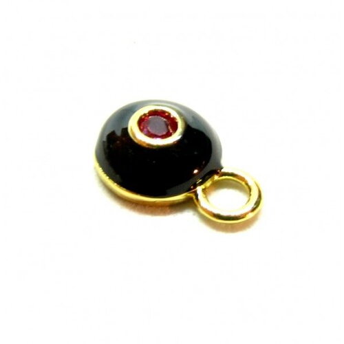 Bu112311091644323530 pax 1 pendentif émaillés rond noir 13mm avec strass rouge ref3