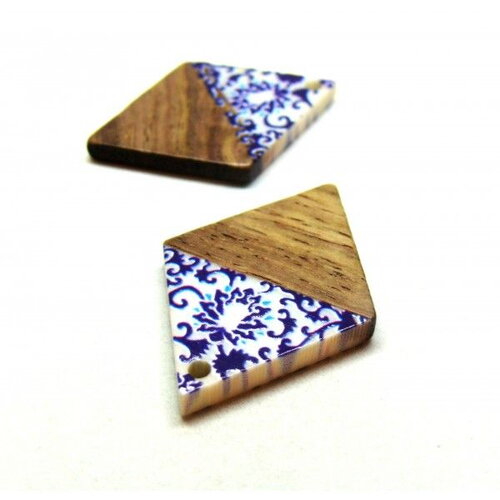 Ps11912539 pax 2 pendentifs losange en bois et résine motif type azulejos 33mm