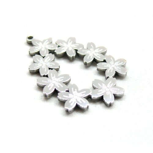 Ps11910353 pax 1 pendentif multi fleurs goutte 30mm en acier inoxydable 316l argenté pour bijoux raffinés