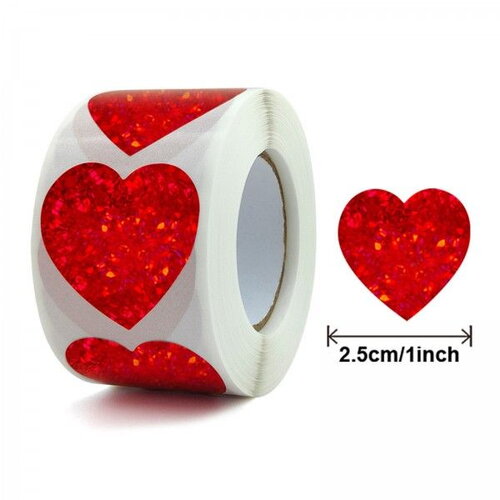 S11922868 pax 1 rouleau de 500 stickers ' coeur rouge effet paillette ' 25mm pour customisation boite cadeaux et scrapbooking