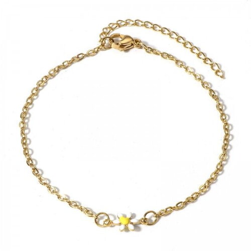 Ps11912211 pax 1 bracelet - marguerite fleur résine émaille blanc 19 cm- en acier inoxydable 304 -finition doré