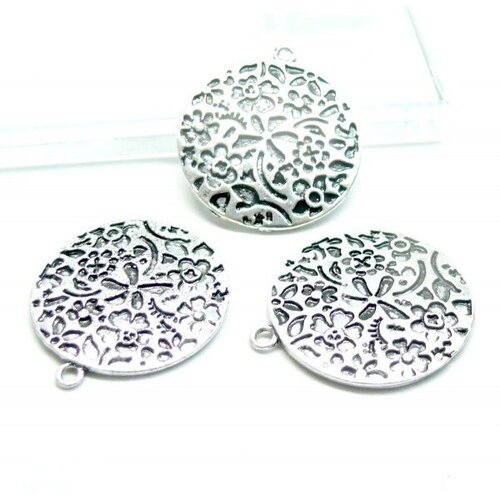 H19351 - pax 2 pendentifs breloques medaillon fleurs 29mm laiton finition argent antique