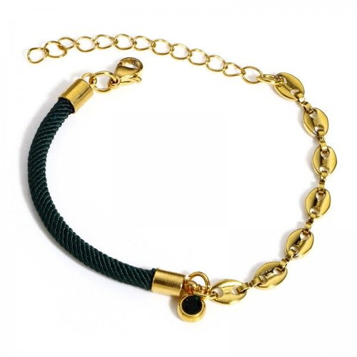 Ps110908427 pax 1 bracelet cordon vert foncé avec strass et chaine maille marine en  acier inoxydable 304 finition doré