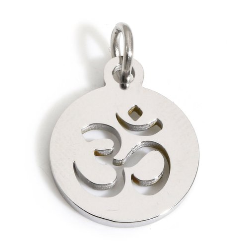 Ps110927313 pax 1 pendentif avec anneau médaillon yoga ohm 12 mm, acier inoxydable 304 argenté, pour bijoux raffinés