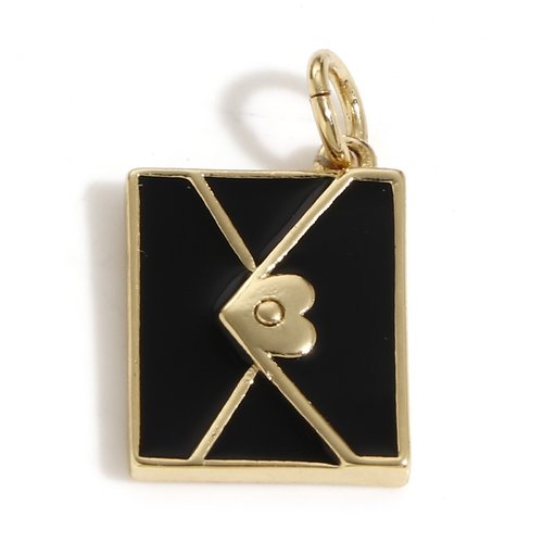 Ps11900724 pax 1 pendentif enveloppe avec coeur résine émaillé noir 19 mm cuivre finition doré à l'or fin 18k