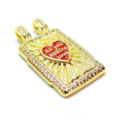Ps11944075 pax 1 pendentif, rectangle "all you need is love" 27mm, laiton finition doré à l'or fin 18k avec zirconium
