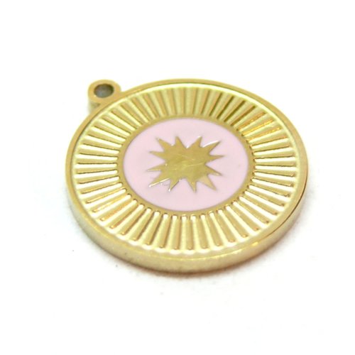 Ps110940752 pax 1 pendentif, médaillon rond, etoile 15mm, résine émaillée, acier inoxydable 304, doré à l'or fin 18k, placage pvd