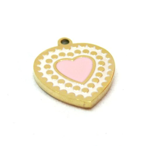 Ps110940753 pax 1 pendentif, médaillon coeur 14mm, résine émaillée, acier inoxydable 304, doré à l'or fin 18k, placage pvd