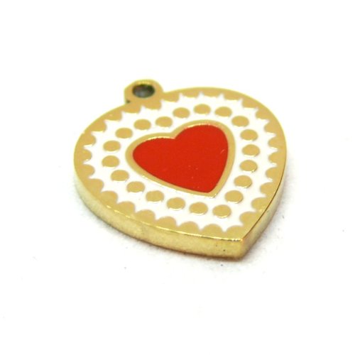 Ps110940754 pax 1 pendentif, médaillon coeur 14mm, résine émaillée, acier inoxydable 304, doré à l'or fin 18k, placage pvd