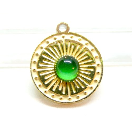 Ps110944757 pax 1 pendentif, médaillon avec cabochon vert 12mm, acier inoxydable 304, doré à l'or fin 18k, placage pvd