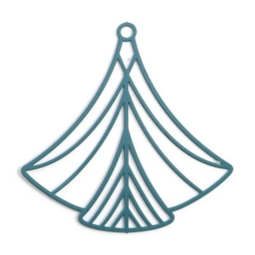 Ps11898614 pax 4 estampes, pendentif filigrane eventail art déco 40 par 45mm, coloris bleu canard, diy bijoux