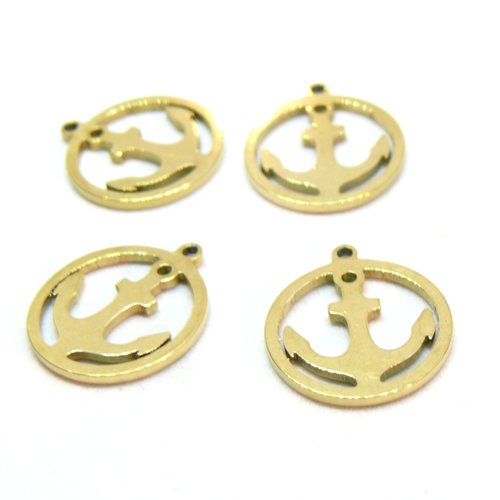 H11n09296g pax 4 pendentifs, médaillon avec ancre marine 14mm, acier inoxydable 304, finition doré à l'or fin 18k, placage pvd