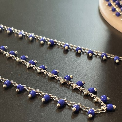 Bu1114104225916 lot de 20 centimètres de chaine perles de rocaille 1mm bleu, chaine finition argenté