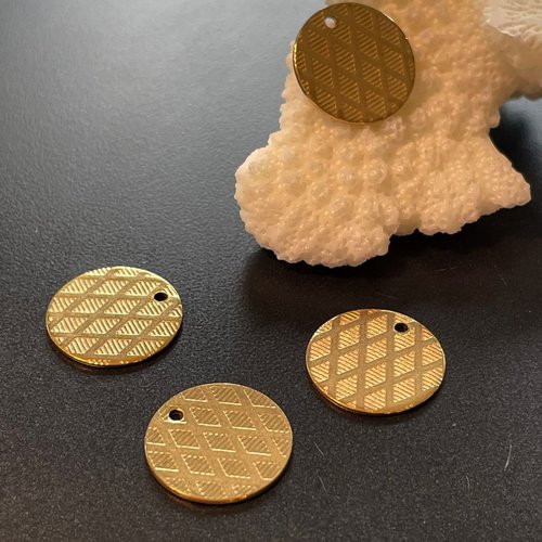 H11e45505g – lot de 2 pendentifs médaille motif graphique 15mm – acier inoxydable 304 doré, placage ionique