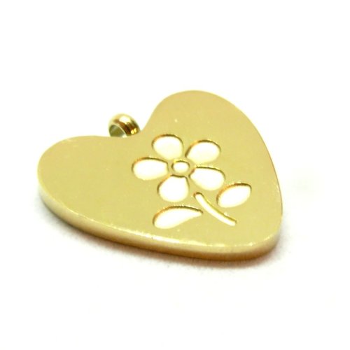 H11f30216g – lot de 1 pendentif fleur dans cœur 14mm – acier inoxydable 316l doré 18k ionique