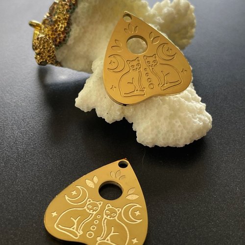 H11f29016g – lot de 1 pendentif médaille cœur avec lune et chat 25mm – acier inoxydable 304 doré placage ionique