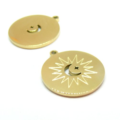 H11d02921g – lot de 1 pendentif soleil et lune 22mm – acier inoxydable 316l doré 18k ionique