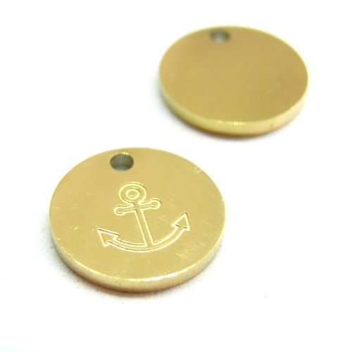 H11d02935g – lot de 2 pendentifs médaillon ancre marine 12mm – acier inoxydable 316l doré 18k ionique