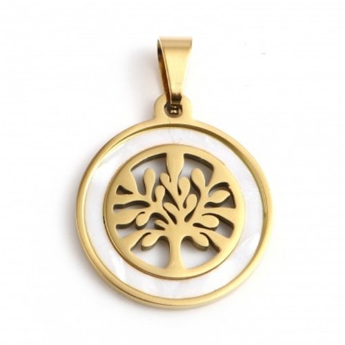 H11n08971g – lot de 1 pendentif médaillon nacre et arbre 23mm – acier inoxydable doré