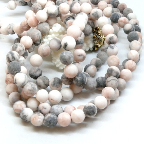 Hq462 – lot de 22 perles rondes 8mm jaspe zèbre rose effet givre coloris 03