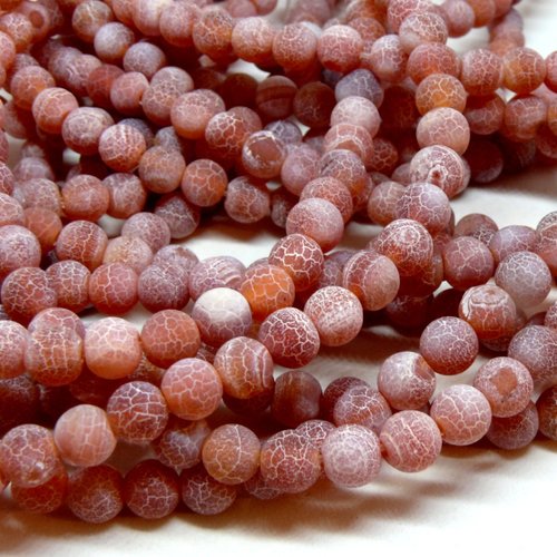 Hf367 – lot de 20 ou  40 perles rondes 8mm – agate craquelée effet givre rouge orange 04