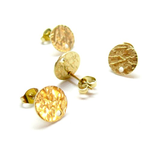 H11m228u0104g – lot de 4 puces d'oreilles rond martelé 12mm trou – acier inoxydable 304 doré 18k ionique