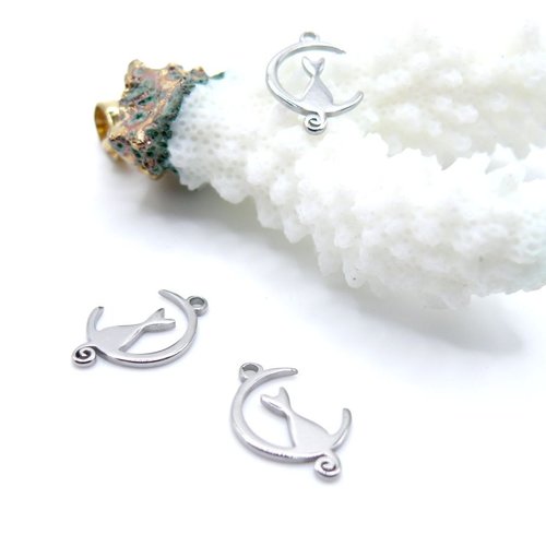 H11n098081p– lot de 4 pendentifs chat sur lune 15mm – acier inoxydable 304 argenté