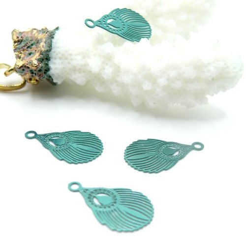 H11wh0017074a03– lot de 10 pendentifs estampes petites plumes de paon  17 mm – acier inoxydable, vert bleu