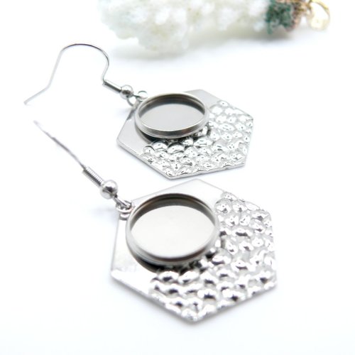 H11wh003274p04 – lot de 2 supports de boucles d’oreilles hexagone martelé 12 mm – acier inoxydable 304 argenté