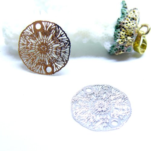 H11q79212p – lot de 4 estampes connecteurs filigrane mandala 18.5 mm – métal argenté