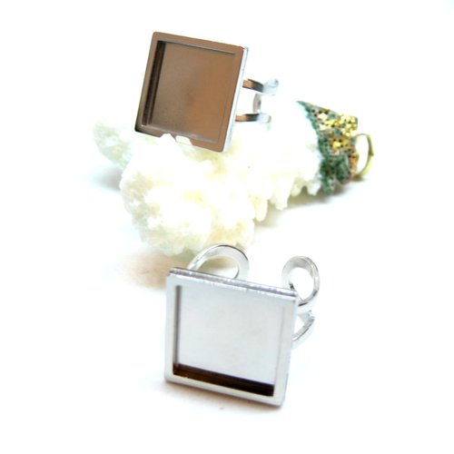 H11s080041c – lot de 1  support de bague pour cabochon carré 14mm – acier inoxydable 304 – finition argentée qualité extra