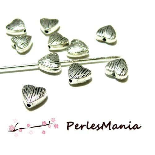 Ref 2y4415 – lot de 10 perles intercalaire coeur striées 8mm – laiton finition argent antique