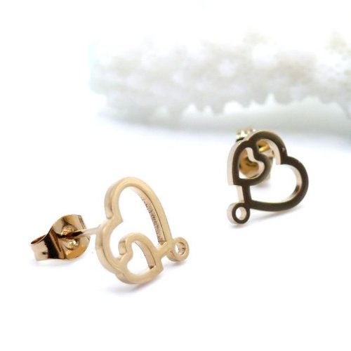 H11i20611g – lot de 2 boucles d’oreilles puce double cœur avec attache 10 mm – acier inoxydable 304 doré, ionique