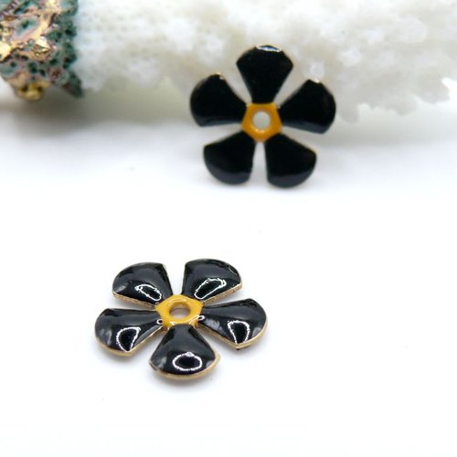 Ps11756287 – lot de 2 perles intercalaires fleur style vintage 13 mm – résine émaillée noir